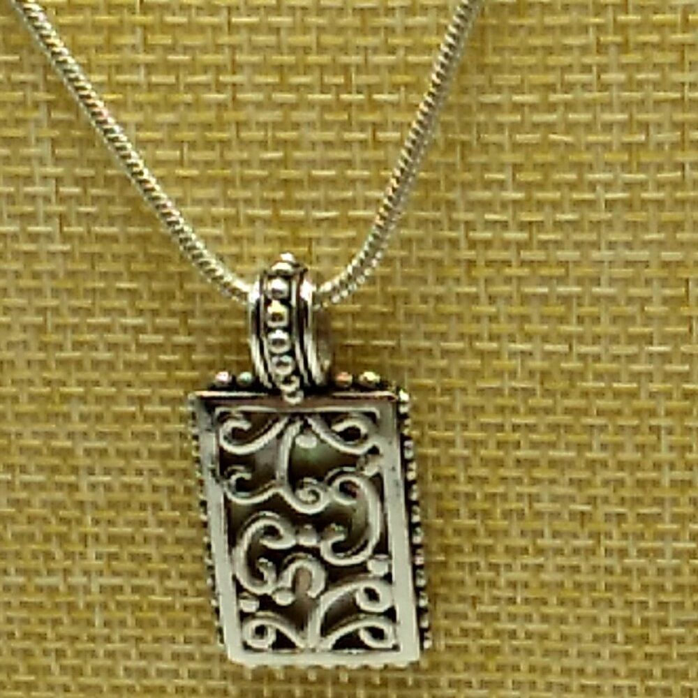 Mother of Pearl Encased in Openwork Scrolled Rectangular Pendant Necklace 18-21"